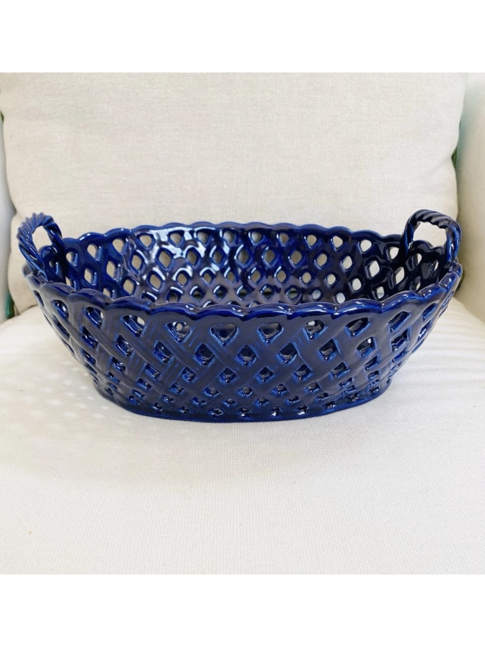 MMA Metropolitan Museum of Art Cobalt Blue Ceramic Lattice Basket Portugal